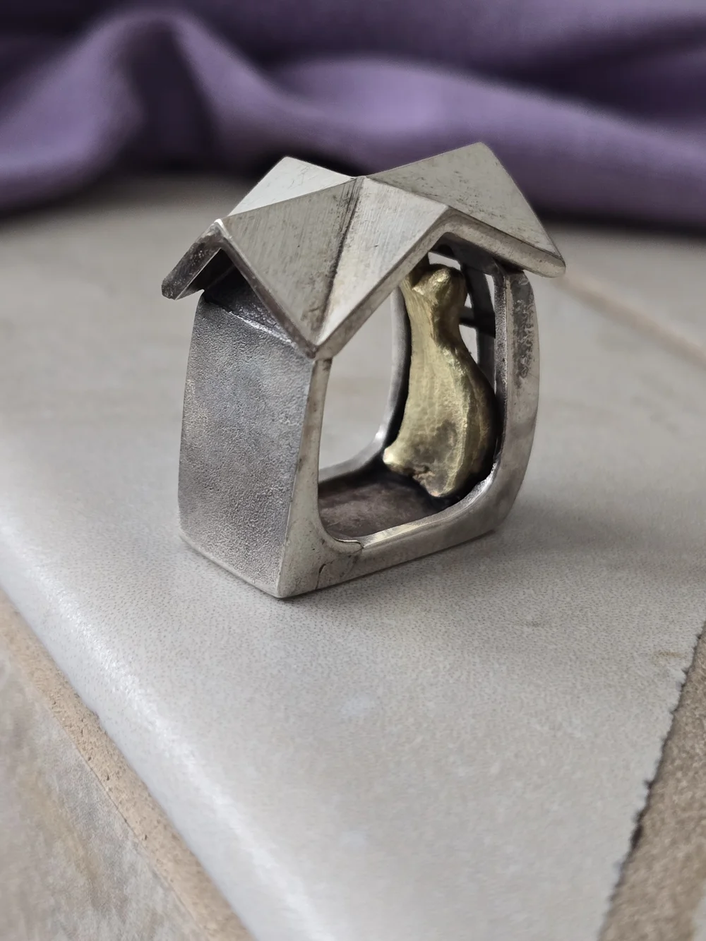 Sterling Silver Architectural House Ring with Gold Accents